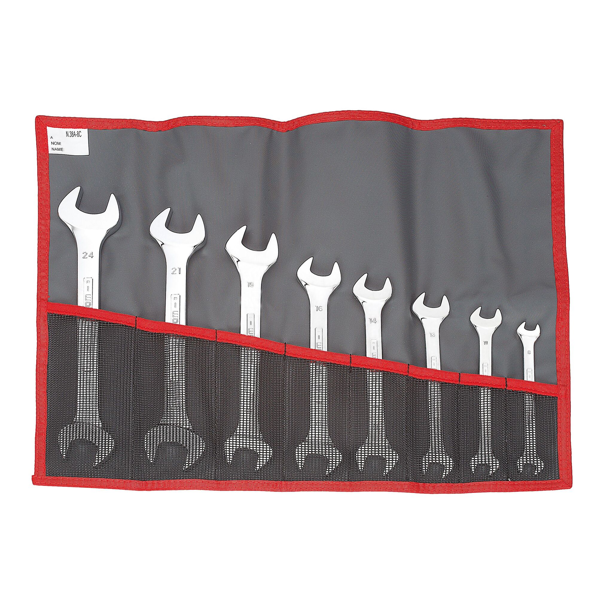 Facom 44JE8T set of eight open-end wrenches in a gray and red roll-up pouch, front angle.